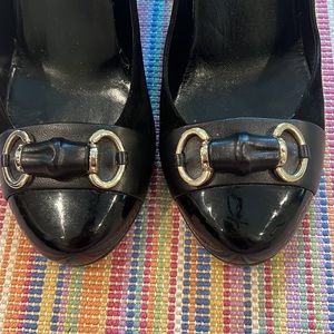 Gucci Black Leather Patent and Suede Wedges with Bamboo and Horsebit EUC size 36
